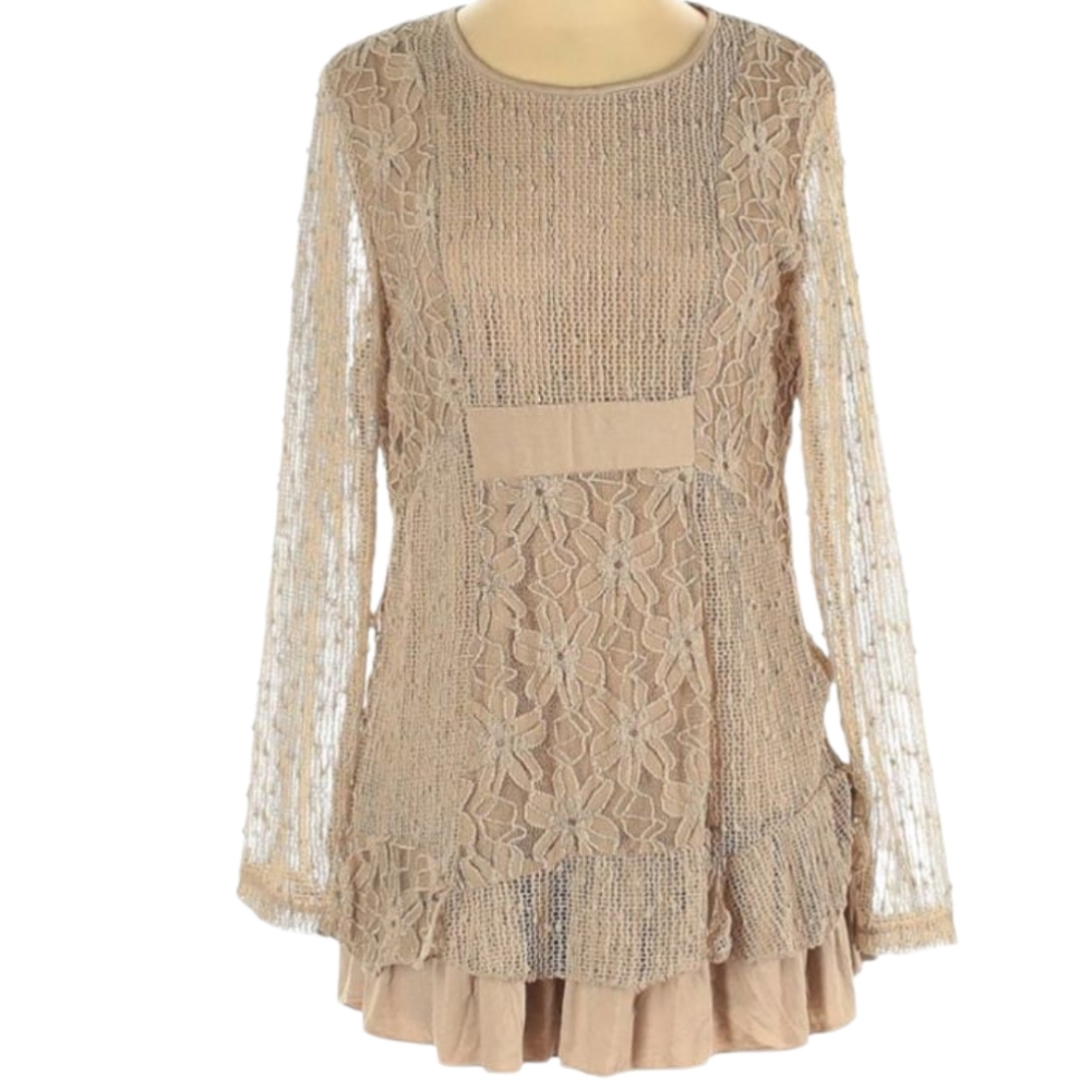 Indigo Soul Tunic Top Size S Lace Mesh Sequin Embellished Whimsical Artsy Boho